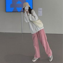 인디 핑크 바지 걸그룹 팬츠 캐주얼 코듀로이 와이드 레그 봄 여름 하이 웨이스트 헐렁한