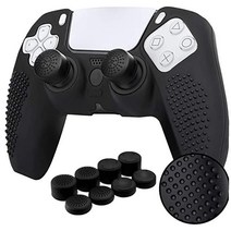 소니 PS5 DualSense 무선 컨트롤러 그립 커버 미끄럼 방지 케이스 액세서리 플레이스테이션 5용 8개의 엄지 포함 블랙, 블랙.
