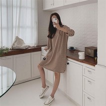 [리더스] 단가라 패턴 미디 무릎길이 원피스 긴팔