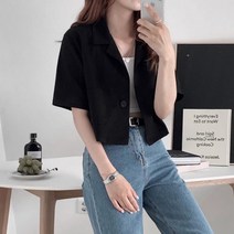 [비즈로그인] 원 버튼 린넨 크롭 반팔 셔츠 2color