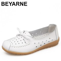 여름 샌들 BEYARNE 여성용 온 컷아웃 슬립 천연 플랫로우힐 발레 슈 플랫 가죽 로퍼