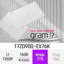 LG전자 그램17 2022 17ZD90Q-EX76K RTX2050 인텔 12세대 최신 가벼운 오토캐드 17형 고사양 기업 전문가용 노트북 + 무선마우스 / 패드, Free Dos, 16GB, 2TB