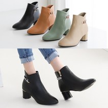 올팜 여성 큐빅스트랩 포인트 미들굽 통굽힐 앵클부츠 부티슈즈 5cm 4컬러