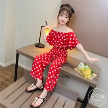 도오빠 아동 반팔 점프수트 오프숄더 프릴 소매 땡땡이 무늬 도트 패턴 긴바지 밴딩 여름 여아 주니어 어린이