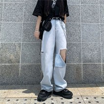 ins 청바지 워싱 찢어진 구제 남녀 와이드 와이드 일자 팬츠 커플룩