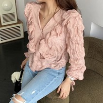 [랜덤플레이] 물결 프릴 어깨 퍼프 결혼식 하객룩 블라우스