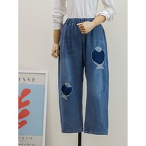 가을 밴딩 빅사이즈 물고기 패치 통 청바지 8부 연청바지 팬츠