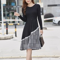 오버클래쓰 여성 미디 원피스 루즈 라운드넥 체크 플리츠 플레어