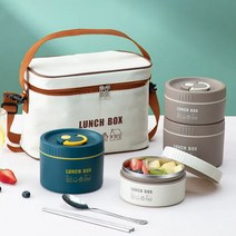 스텐 보온 원형 도시락 출근 도시락 3단+식기+보온백 3색 배치, 짙은 남색