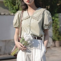 changsheng한국어 소프트 자매 레이스 인형 칼라 셔츠 여성 블라우스 여름 패션 버블 반소매 블라우스 솔리드 컬러 여성 캐주얼 탑