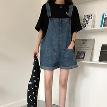 롤업 포인트로 귀여운 반바지 데님 멜빵 팬츠 빅포켓