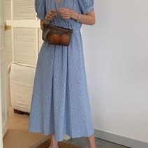 맨드리 브이넥 플라워 퍼프 셔링 플레어 롱 원피스(머리끈 세트)