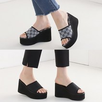 벨루치슈즈 여성 국내제작 럭셔리 체크 패턴 키높이 9cm 가보시 통굽 미용실 슬리퍼 웨지 뮬