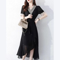 세인트이브 빅사이즈 OSS10005 M~5XL 언발란스 플레어 반팔 쉬폰원피스