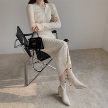마쿠쿠 브이넥 단추 H라인 슬림 하객 여성 니트 롱 원피스