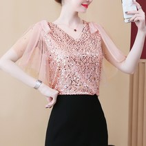 여름 여성용 반팔 오프숄더 쉬폰 블라우스 레이스 탑 1F575