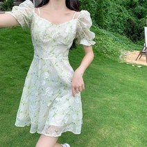 잇츠스타일 여성 빅사이즈 그린 플라워 요정 드레스 오프숄더 미니원피스