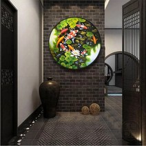 원형 도안 재운 잉어 구어도 연못 보석십자수 원형비즈 큐빅 전체수 선물용 집들이, 60x60cm