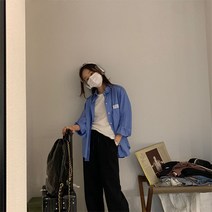 가혜상점 ins풍 자수 와펜 빅사이즈 소라색 하늘색 구김없는 바스락 무지 긴팔셔츠 오버핏 카라 남방