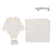 아가방 22년 봄신상 베베래빗3종세트 크림 토끼패턴 디자인의 속사보/손싸개/저고리세트입니다 임신축하 출산선물로 추천드려요