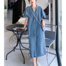 LA MARIA (S~XL)연청 데님 소재 반팔 여름 원피스 풀 버튼 다운 hs011