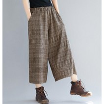 아이엠몽 여성용 하니스 모직 체크 통 와이드 밴딩 팬츠