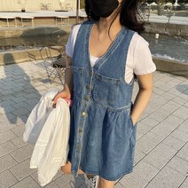 [비비애르] 조끼 나시 버튼 데님 청 원피스 민소매 미니원피스 플레어 러블리 캐주얼룩