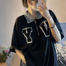 반집업반팔티 아메카지스타일 클래식 티셔츠 남성 여성 와이드 루즈핏 VY 자수 트렌드 데님 카라넥 4844024489, XL 야드, 블랙 데님 티셔츠
