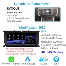 차량용TV 캠핑카 모니터 랜드로버 이보크 차량용 멀티미디어 안드로이드 GPS HD 디스플레이 라디오 스테레오 DVD CD 카플레이, 3.4.3in H20 64G