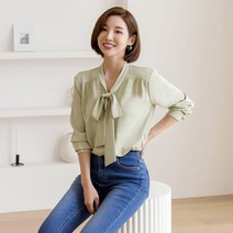 시크라인 브이라인 타이넥 어깨셔링 블라우스