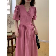 맥시랩원피스 해외여행여름옷 반팔 허리리본 루즈핏 브이넥 퍼프소매 롱 콩단추