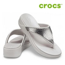 크록스 웨지 샌들 41- 206303-0GO Womens Crocs Monterey Metallic Wedge Flip Silver Platinum