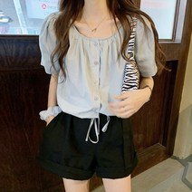 코지 여자 여름 파스텔톤 스트링 퍼프 20대 30대 블라우스