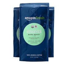 AmazonFresh 공정 무역 수마트라 홀빈 커피 다크 로스트 12온스(3팩) H2102707, 수마트라 홀빈 커피 12온스(3팩)