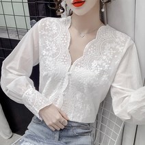 KORELAN 긴팔 셔츠 여성 새로운 유행 복고풍 스타일 문학 구호 자수 V 넥 물결 모양 가장자리 여성 레이스 바닥