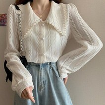 어라픽카라큰 아이보리 블라우스 진주단추 자수패턴 예쁜옷