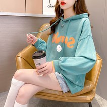 KORELAN 여성 프린트 후드 긴팔 맨투맨 MM 오버사이즈 루즈핏 슬림핏 블라우스