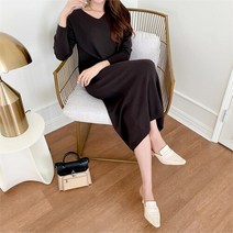 다잇템 여자 스웨터 V넥 롱슬리브 FW 민무늬 롱 원피스 (8982087)
