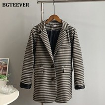 여성 가을 겨울 자켓 블레이저 빈티지 느슨한 여성 체크 무늬 블레이저 재킷 세련된 긴
