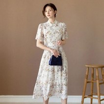 시크라인 여름 플라워 패턴 날개소매 철릭 원피스