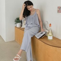 [바보사랑] 여성 린넨 끈나시 뒷밴딩 일자 롱 팬츠 세트