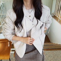 상상그이상 여성용 차이나 라이더 가죽자켓 기본핏 무지 긴팔자켓 간절기룩 사선지퍼 슬림 빈티지 노카라 가죽 Y2K 레더자켓