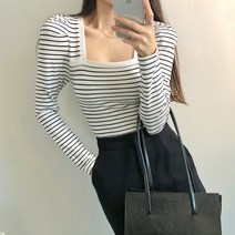 퍼니걸스 6302 슬림 배색 단가라 스퀘어넥 퍼프 긴팔 티셔츠 여성의류