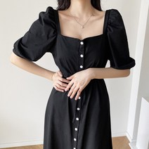 스퀘어넥 단추 퍼프소매 롱 코튼 원피스