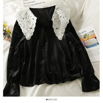 페미닌블라우스 OCEANLOVE 플레어 슬리브 여성 벨벳 빈티지 피터팬 칼라 가을 겨울 Ropa 2768669233