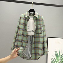 도오빠 첵흐영SA 여성 체크 셔츠 남방 루즈핏 카라넥 긴팔 포켓 격자 패턴 봄 가을 환절기 여자셔츠 여자남방