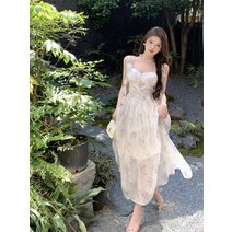 플라워 나시 롱 스커트 여름 셔링 슬림 하프 기질 꽃잎 장식 원피스