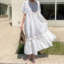 오키 여성 우아꽃 에스닉 쉬폰 라운드 프릴 원피스