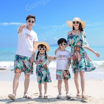 귀여운 패밀리 바캉스룩 여름 휴양지 해변가 시원한 플라워 팬츠 4인 가족 커플룩 비치웨어
