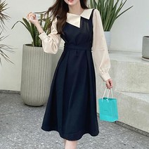 배색 디자인 스트링 원피스 둥근 카라 봄룩 가을룩